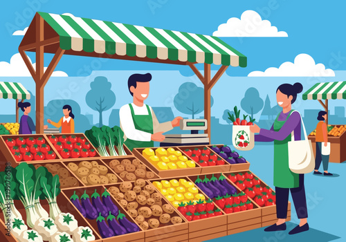 Farmers market stall with fresh vegetables and fruits, vendor selling produce to a customer, flat vector illustration