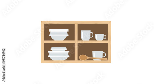 A simple wooden wall cabinet featuring four organized compartments contains neat stacks of white ceramic bowls, cups, and a single large wooden spoon tool.