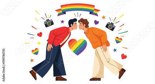 LGBTQ, gay pride, rainbow heart, couple kissing, love symbols, vector icons