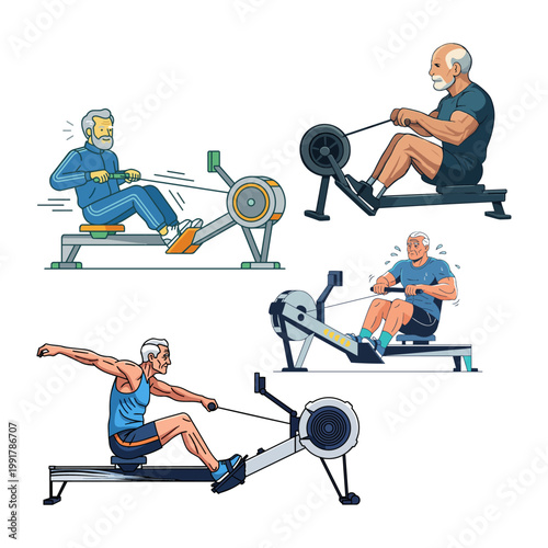 Active Senior Men Using Rowing Machine Illustration Set of Elderly Indoor Rowing, Cardio Workout, and Healthy Aging Vectors