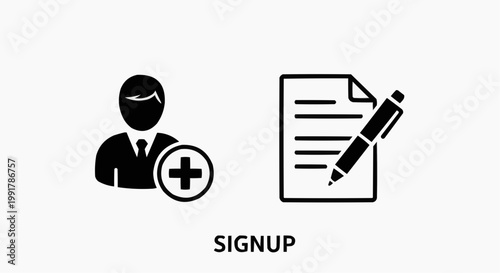 Signup icon set with user registration and document pen symbols, black minimalist web buttons, account creation and membership enrollment graphics