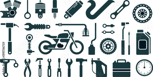  Auto Service and Motorcycle Maintenance Tools Collection - Clean Solid Glyph Icons of Bike Spare Parts, Wrenches, and Garage Tools
