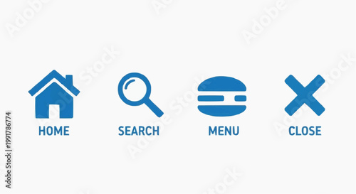 Minimalist blue website navigation icons, set of 4 UI vector elements including home search menu and close, flat interface design symbols