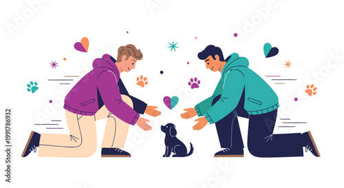 Vector illustration of two people kneeling with a black cat, surrounded by hearts and paw prints, symbolizing love and friendship with pets, animal affection concept