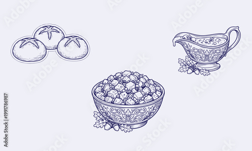 Vector Thanksgiving Side Dish Icons Hand Drawn for Menu Design

