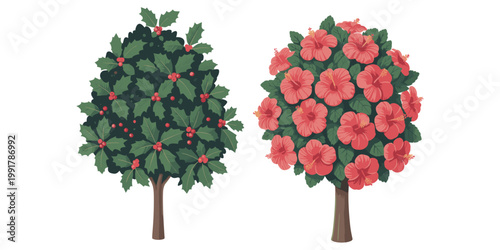 Holly and hibiscus tree illustration, flowering foliage artwork, berry and bloom vector design, decorative nature drawing, colorful botanical style