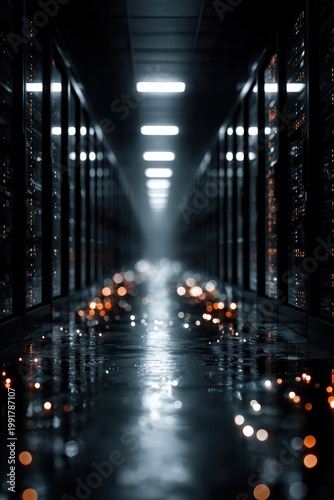 Server room corridor with glowing lights and reflections