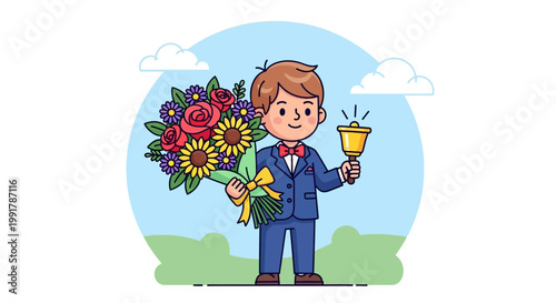 A cute cartoon schoolboy holding a large bouquet of flowers and a golden school bell.
