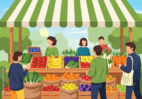 Farmers market stall with fresh fruits and vegetables and people shopping outdoors