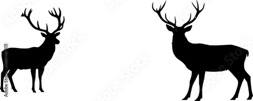 A majestic stag stands alert in an ultra-realistic black silhouette against a pristine white background, exuding an aura of nobility and strength