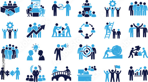 Collection of business and teamwork icons on white background, professional icons.