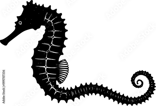 A solitary seahorse, with its distinctive bony plated skin and curled prehensile tail, stands out against a pure white background in this ultra-realistic photograph