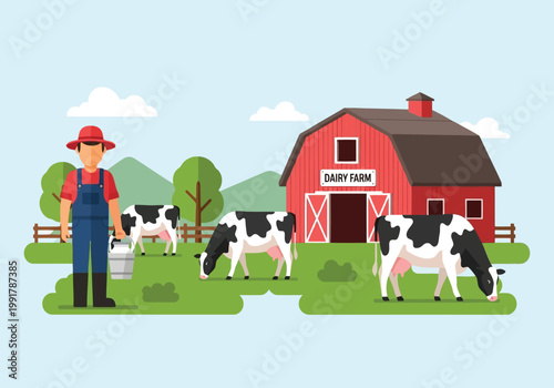 Farmer holding a milk bucket in front of a red barn with grazing cows on a dairy farm