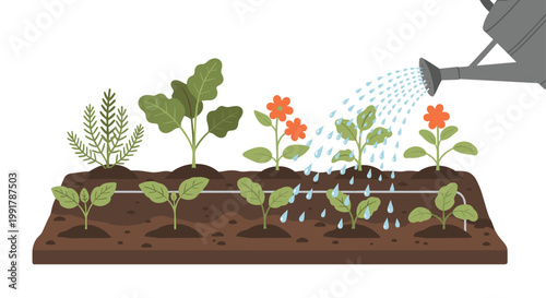 A classic grey metal watering can sprinkles gentle droplets of water onto a diverse garden bed filled with sprouting green plants under the bright daylight.