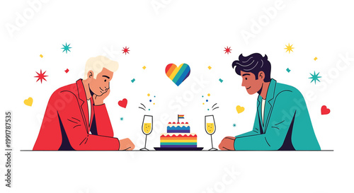 LGBTQ+, gay couple, celebration, birthday, vector illustration