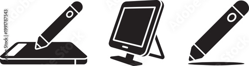Stylus pen icon set with tablet and digital drawing pad in outline style for device and writing in outline
