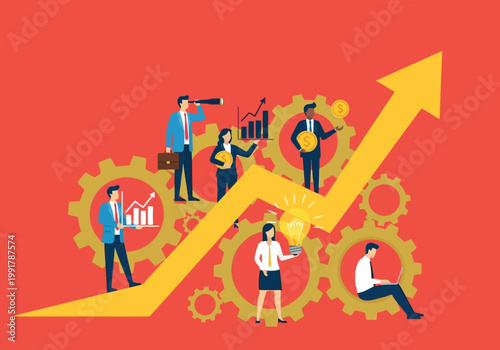 Business growth concept with team of professionals working together with gears and upward arrow