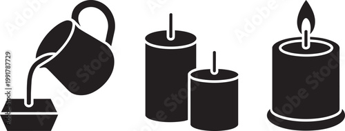Candle making process icon set: pouring wax and burning candles with home decor and black and white in outline