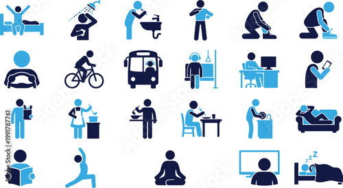 Daily life icons for personal routine activities recreation and healthy lifestyle habits.