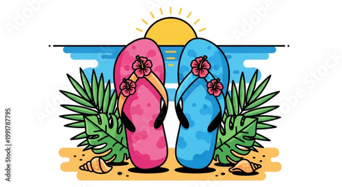 Colorful flip flops with pink and blue straps featuring flower decorations stand on sandy beach with lush greenery and ocean sunset backdrop