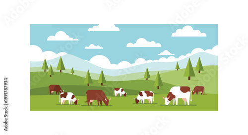 Several brown and white spotted cows graze peacefully across rolling green hills dotted with stylized triangular pine trees under a bright blue summer sky.