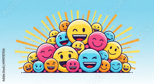 Vibrant colorful smiley faces with diverse expressions radiating happiness and positivity against a soft blue background