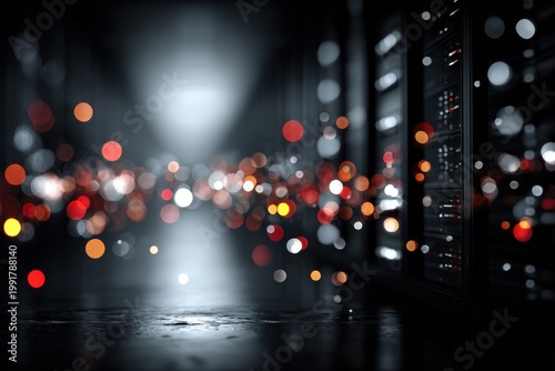 Night city street with bokeh lights and server rack