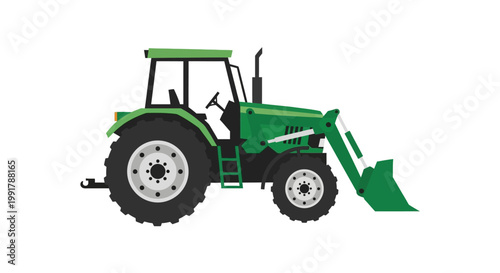 Green agricultural tractor with front loader attachment isolated on white.