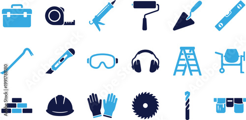 Set of blue construction and renovation tool icons for building projects.