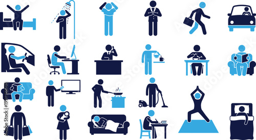 Daily routine actions icons for morning to night on white background.