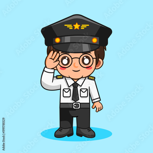 Cute Cartoon Pilot Boy Saluting Vector Illustration Kawaii