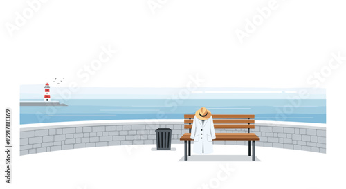 A solitary wooden bench holding a white trench coat and a tan hat sits on a stone walkway overlooking a tranquil blue ocean with a lighthouse.
