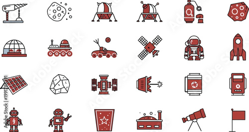 Illustrations of various space exploration and astronomy icons Vector