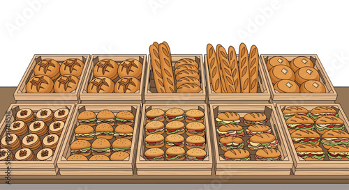 Numerous light wooden crates are packed with a wide variety of artisanal breads including long baguettes and fresh sandwiches arranged in a dense grid.