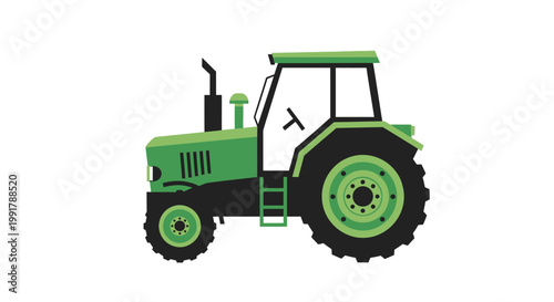 Flat vector illustration of a modern green agricultural tractor for farming.
