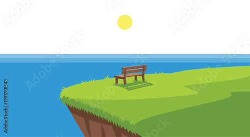 A lonely wooden bench stands on the precipice of a lush green grassy cliff overlooking the expansive deep blue waters of a calm summer ocean.
