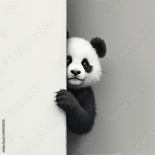 Tiny baby panda peeking from behind a white wall with soulful eyes, charcoal-textured minimalist illustration on a grainy gray background, tender and emotional.

