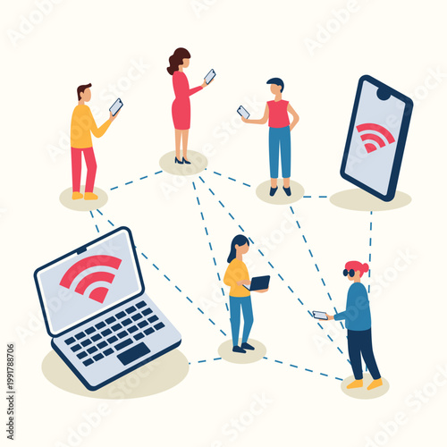Concept of global digital connection: people with gadgets networked via Wi-Fi.