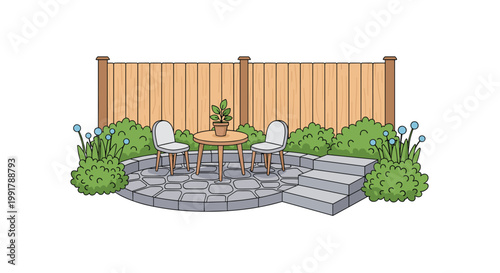 A meticulously designed circular stone patio area features a charming wooden table and two chairs nestled against a tall wooden privacy fence in a garden.