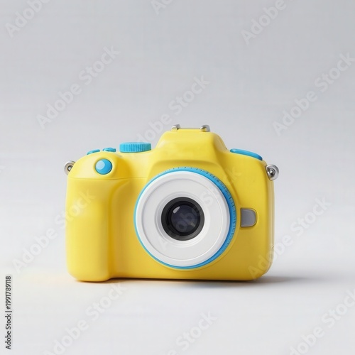 Bright yellow and blue toy camera on a plain background, playful minimalist studio image with cheerful colors and childhood photography concept.

