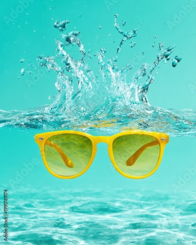 Yellow sunglasses underwater with water splash and bubbles in turquoise swimming pool
