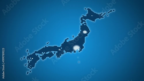 放射状に広がって色が変化していく青い日本地図（正方形グリッド）