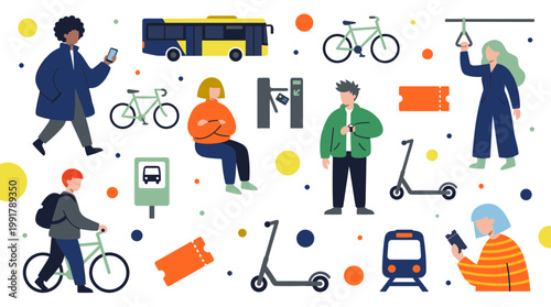 Diverse people using sustainable urban transportation like buses scooters and bicycles for daily commuting and city travel