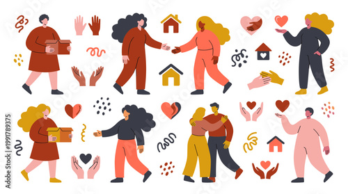 Diverse people helping each other showing kindness compassion and community support with donation boxes and hugs symbolizing charity and volunteerism