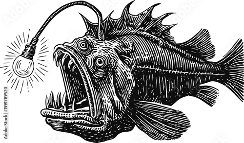 Deep sea anglerfish with glowing lure black and white illustration of deep ocean predator fish with bioluminescent light