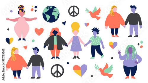 Diverse group of people holding hands celebrating unity diversity and global peace with symbols of love and earth
