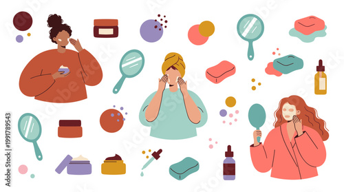 Diverse women performing daily skincare routines with beauty products and mirrors, illustrating self care and wellness