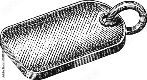 Vintage metal dog tag with ring, engraved military identification tag, detailed sketch