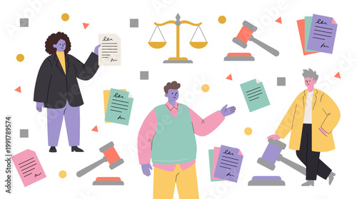 Diverse group of people in a legal setting with scales of justice and gavels symbolizing law and order and justice system proceedings