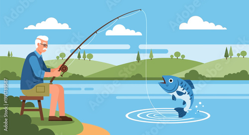 Elderly man fishing catches a jumping fish.